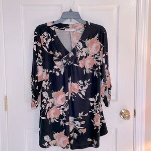 Tencole Women’s Beautiful Black & Floral Pink 3/4 sleeve Blouse, XL
